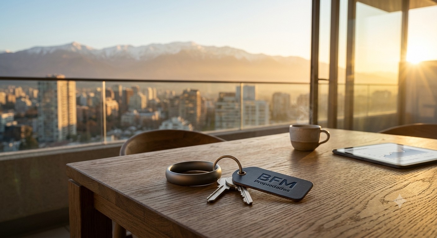 Llaves BFM Propiedades con vista a Santiago al atardecer